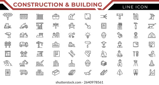Construction and building icon set. Vector illustration of architecture, bulldozer, tools, foundation, cement, construction, crane, wall, building, palette, bulldozer