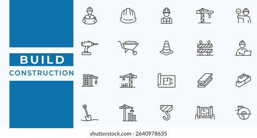 Construction and building icon set. Vector illustration of architecture, bulldozer, tools, foundation, cement, construction, crane, wall, building, palette, bulldozer
