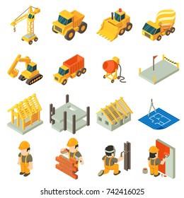 Construction building icons set. Isometric illustration of 16 construction building vector icons for web