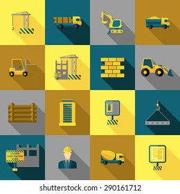 Construction and building industry icons flat long shadow set isolated vector illustration