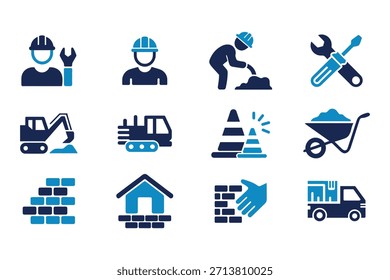 Iconos de la industria de la construcción y la construcción con símbolos de trabajador, herramienta, vehículo y material