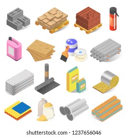 Construction and building industry materials, equipment set. Goods for carpentry, insulation, plumbing, and roofing work. Vector illustration