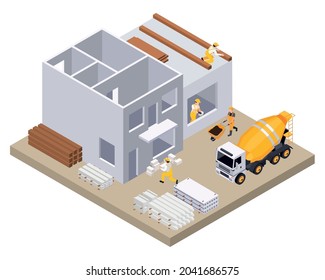 Construction and building isometric concept with engineers and workers vector illustration