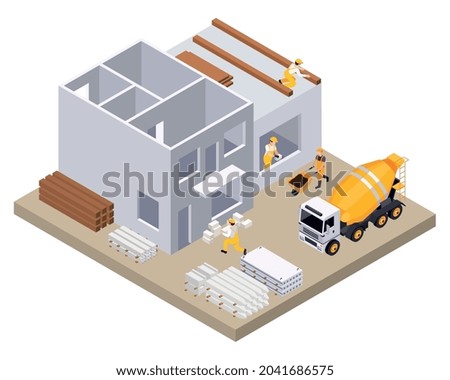 Construction and building isometric concept with engineers and workers vector illustration