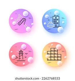 Construction building, Lighthouse and Paint roller minimal line icons. 3d spheres or balls buttons. Wholesale inventory icons. For web, application, printing. Vector