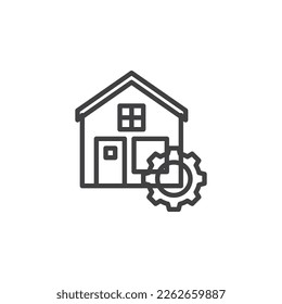 Icono de la línea de construcción de la construcción. signo de estilo lineal para concepto móvil y diseño web. Icono del vector de contorno de la casa y del engranaje. Símbolo, ilustración del logotipo. Gráficos vectoriales