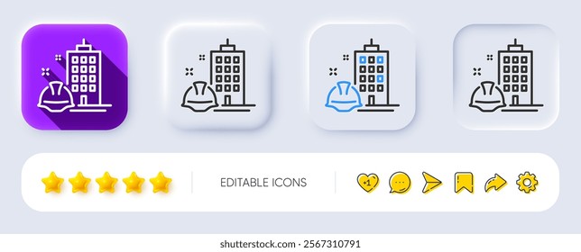 Construction building line icon. Neumorphic, Flat shadow, 3d buttons. Engineer or architect helmet sign. Industrial engineering symbol. Line construction building icon. Social media icons. Vector