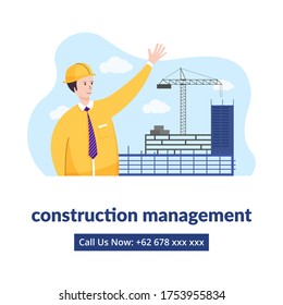 Construction building management work process promotion banner. Architect doing blueprint presentation fat cartoon vector illustration. Man with project in helmet and formal suit.