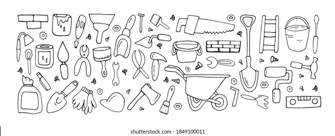 Construction. Building material. Vector isolated illustration with tool kits for repairing buildings, rooms, premises, houses, apartments. Registration of business for repair. Doodle style.