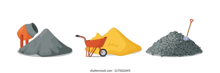 Construction And Building Materials Icons. Concrete Mixer, Pile Of Cement, Trolley With Sand And Gravel with Shovel. Factory Production Isolated on White Background. Cartoon Vector Illustration