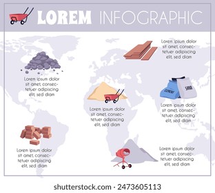 Póster plano de Vector con infografía de materiales de construcción. Montón de cemento y arena, mezclador de hormigón, pila de ladrillos de arcilla marrón, tablones de madera y pila de piedra rocosa. equipo de Industrial