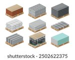 Construction and building materials perspective package on pallet set realistic vector illustration. Industrial constructing equipment brick tube panel pad laying for architectural renovation