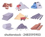 Construction and building materials production vector flat set. Cement sand heap, concrete mixer, bricks pile, wooden plank boards and rock stone heap, floor slabs, steel pipes. Industrial equipment