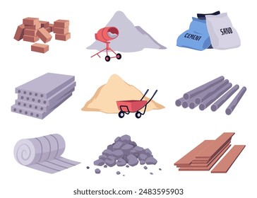 Construction and building materials production vector flat set. Cement sand heap, concrete mixer, bricks pile, wooden plank boards and rock stone heap, floor slabs, steel pipes. Industrial equipment