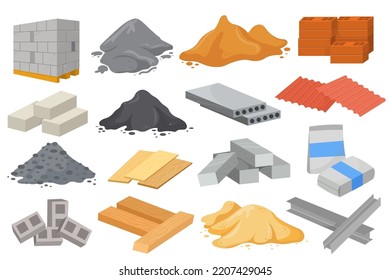 Construction Building Materials Set Of Icons. Sand, Cement, Brick Blocks, Wooden Planks, Beton, Concrete And Metal Stack Roof Elements. Cartoon Flat Vector Illustration