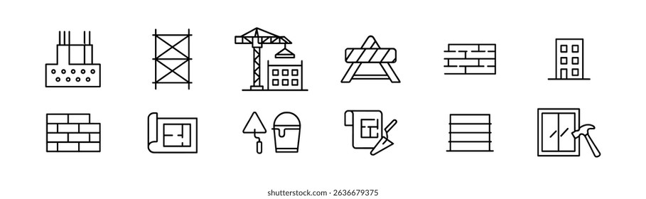 Construction and building outline icon set. architecture symbols and tools collection