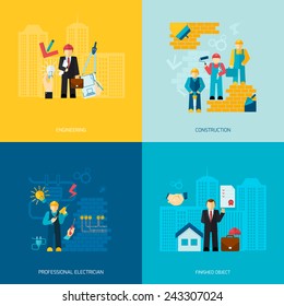 Construction and building professions flat set with engineering professional electrician works finished object isolated vector illustration