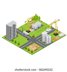 Construction Building Quarter of City Isometric View Landscape with Trees and House. Vector illustration