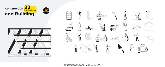 Construction building renovation black and white cartoon flat illustration bundle. Diverse contractors working 2D lineart characters isolated. House builders monochrome vector outline image collection