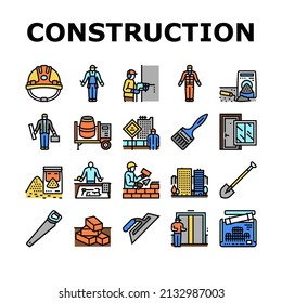 Construction Building And Repair Icons Set Vector. Ladder And Elevator Equipment, Brick And Cement For Build Construction Line. Engineer Project Blueprint And Tool Color Illustrations