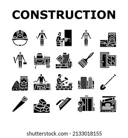 Construction Building And Repair Icons Set Vector. Ladder And Elevator Equipment, Brick And Cement For Build Construction. Engineer Project Blueprint And Tool Glyph Pictograms Black Illustrations