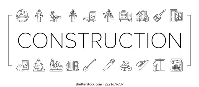 Construction Building And Repair Icons Set Vector. Ladder And Elevator Equipment, Brick And Cement For Build Construction Line. Engineer Project Blueprint And Tool Black Contour Illustrations