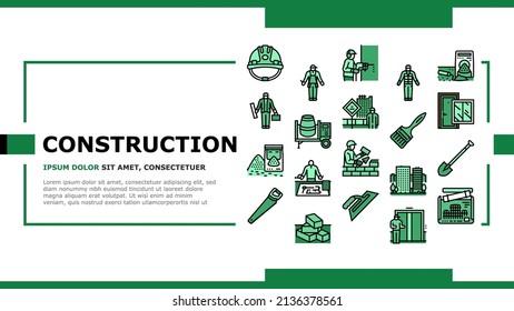 Construction Building And Repair Landing Web Page Header Banner Template Vector. Ladder And Elevator Equipment, Brick Cement For Build Construction. Engineer Project Blueprint And Tool Illustration