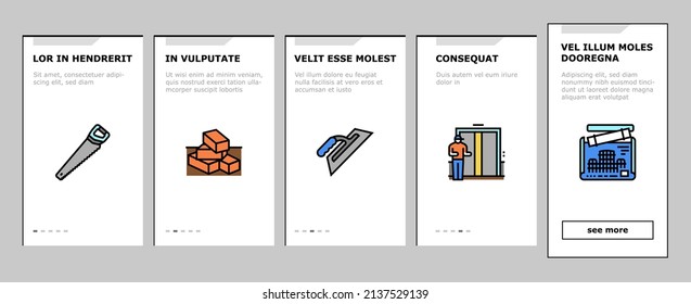 Construction Building And Repair Onboarding Mobile App Page Screen Vector. Ladder And Elevator Equipment, Brick Cement For Build Construction Line. Engineer Project Blueprint And Tool Illustrations