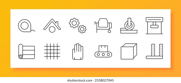 Ícone do conjunto de construções. Fita de medição, telhado, engrenagens, misturador de cimento, rolo, caixa de ferramentas, tecido, mão, transportador, bloco, suportes