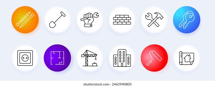 Construcción y construcción conjunto icono. Clavos, pala, llave inglesa, herramienta de mano, ladrillos, llaves, zócalo, Plan de piso, grúa, edificio, rodillo, plano. Concepto de construcción.