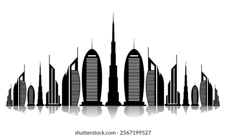 Construction building Silhouette, metropolitan shape in urban residential construction. Architectural skyscraper vector shape.