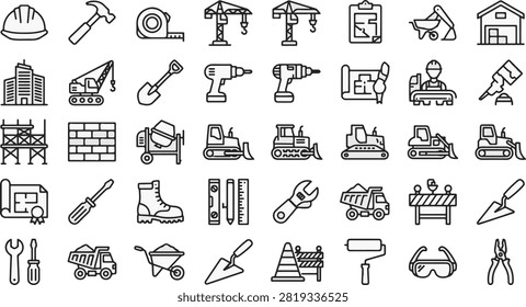 Construction and building site essential icons with construction, building
