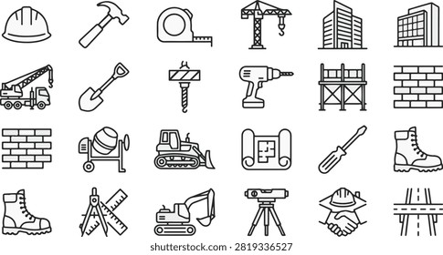 Construction and building site essential icons with construction, building