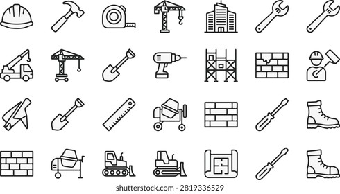 Construction and building site essential icons with construction, building