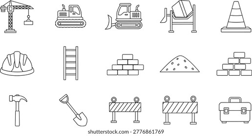 Construction building site hand drawn icons set with machinery equipment