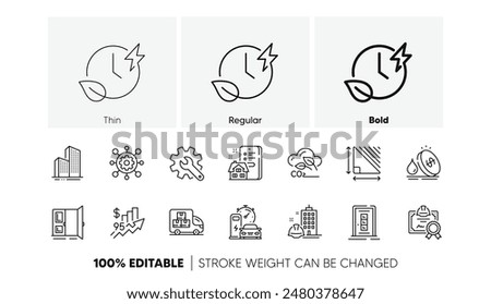 Construction building, Skyscraper buildings and Door line icons. Pack of Triangle area, Charging time, Charging station icon. Property agency, Fuel price, Rise price pictogram. Open door. Vector