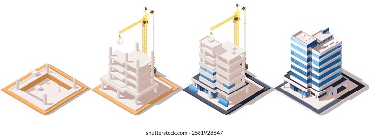 Construction building steps set in isometric view. Vector illustration