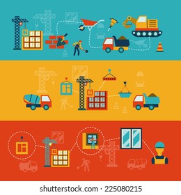 Construction building structures infographics flat banners set of walls panels and window panes installation abstract vector illustration