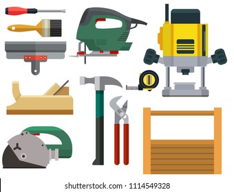 Construction building tools carpenter industry worker equipment vector illustration.