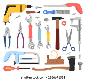 Construction building tools. Home repair tooling, wrenches and screws. Screwdriver, isolated toolkit elements. Flat carpentry decent vector set