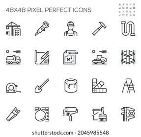 Construction, Building Tools. Building Structures, Tape Measure, Blueprint. Simple Vector Line Icons. Editable Stroke. 48x48 Pixel Perfect.