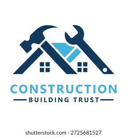 Logotipo de confianza del edificio de la construcción con la llave de martillo y la casa