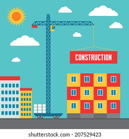 Construction of building - vector concept in flat style design for creative design projects. Real estate illustration. Crane sign. 