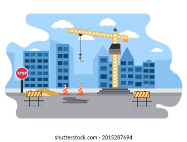 Construction of Building Vector illustration. Architecture Makes Foundation, Pours Concrete, Excavator Digs, Use Machine Tower Cranes. Real Estate Cartoon Business