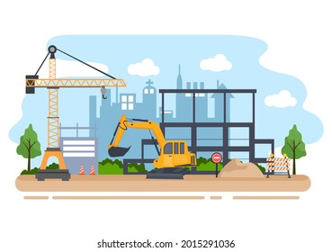 Construction of Building Vector illustration. Architecture Makes Foundation, Pours Concrete, Digs, Use Machine Tower Cranes and Excavators. Real Estate Cartoon Business