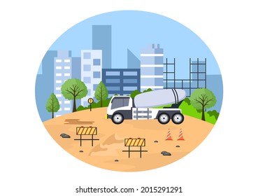 Construction of Building Vector illustration. Architecture Makes Foundation, Pours Concrete, Excavator Digs, Use Machine Tower Cranes and Der Molen. Real Estate Cartoon Business