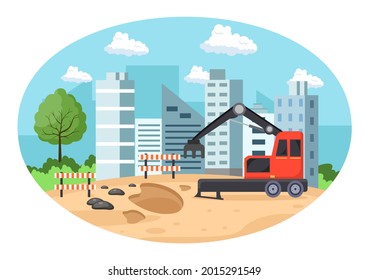 Construction of Building Vector illustration. Architecture Makes Foundation, Pours Concrete, Excavator Digs, Use Machine Tower Cranes and Knuckle Boom Loader. Real Estate Cartoon Business