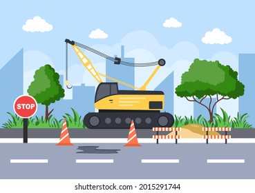 Construction of Building Vector illustration. Architecture Makes Foundation, Pours Concrete, Excavator Digs, Use Machine Tower Cranes and Dragline Excavator. Real Estate Cartoon Business