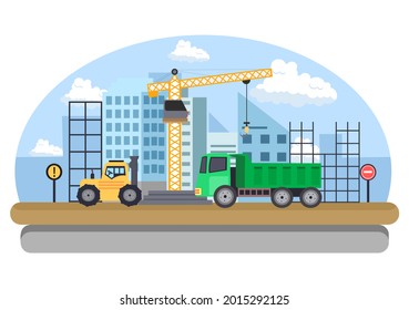 Construction of Building Vector illustration. Architecture Makes Foundation, Pours Concrete, Excavator Digs, Use Machine Tower Cranes, Dump Trucks and Forklift. Real Estate Cartoon Business
