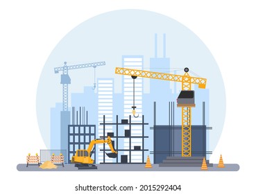 Construction of Building Vector illustration. Architecture Makes Foundation, Pours Concrete, Excavator Digs, Use Machine Tower Cranes and Truck Crane. Real Estate Cartoon Business